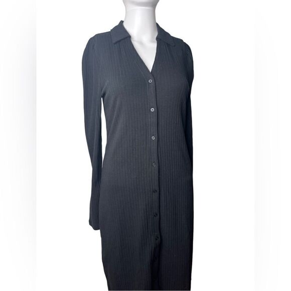 GAP Ribbed Collared V Neck Long Sleeve Dress Black Size Small - Picture 2 of 3